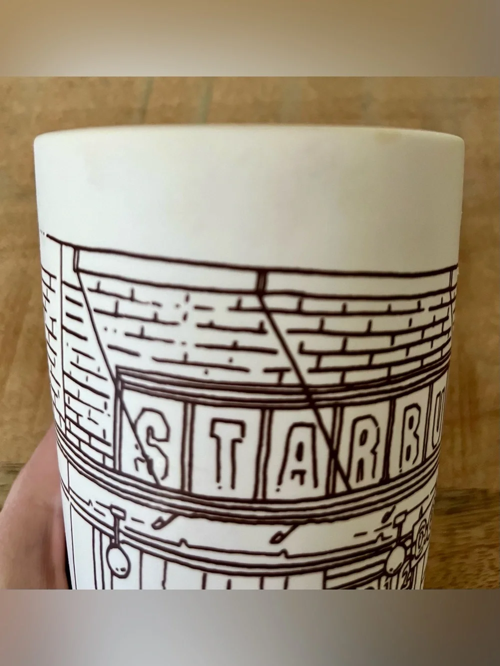 Starbucks White Travel Mug Iconic First Store Design Gently Used